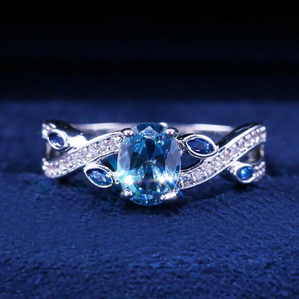 💎 Oval Royal Blue Gemstone Cross Vines Elegant Silver Ring for Women, VIP474
